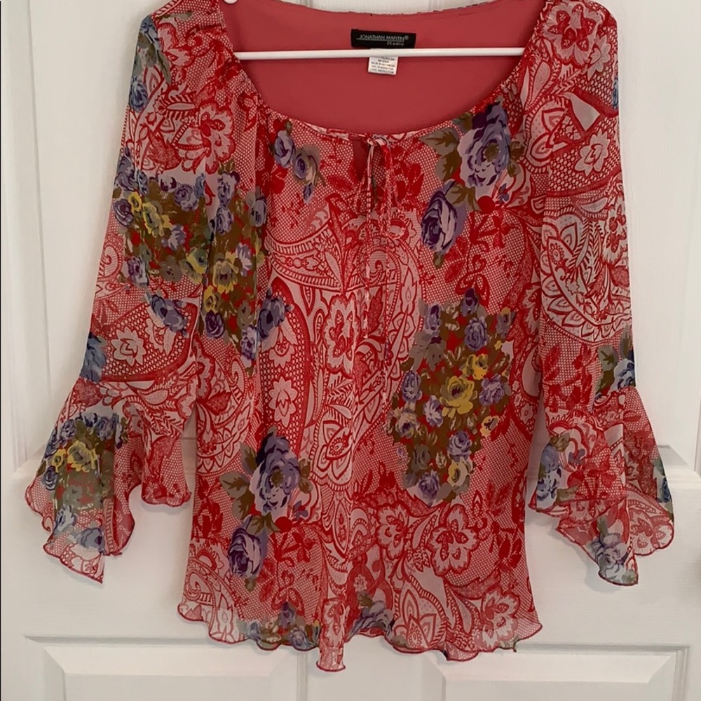 jonathan martin Red Floral Sheer Blouse